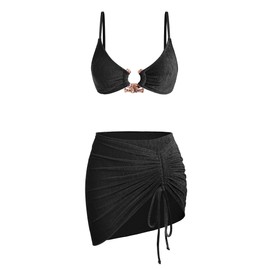 Black Bikini Ruched 3 Piece Swimsuits for Women Velvet Bikini Sets with Sarong Coverup Metal Ring Bathing Suit