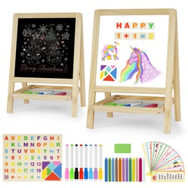 Kids Tabletop Double-Sided Wooden Art Easel - Chalkboard & Whiteboard Painting Board for Toddlers, Dry-Erase Classroom Desk Easel with Chalk, Markers, Eraser, Magnetic Letters/Numbers & Flashcards
