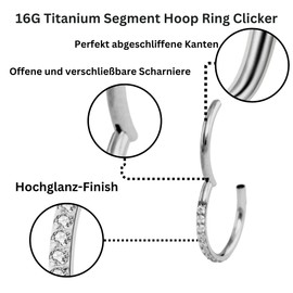 Medinah 16G Titanium Nose Piercing Septum Piercing - Universal Hinge Segment for Septum, Nose, Lip, Ear - Gauge 1.2 mm - Diameter 6-14 mm, Titanium, Cubic Zirconia