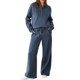 Aleumdr Lounge Set for Women Oversized Botton Sweatshirt With Wide Leg Sweatpants Macthing Sets 2024 Fall Trendy Sail Blue Medium
