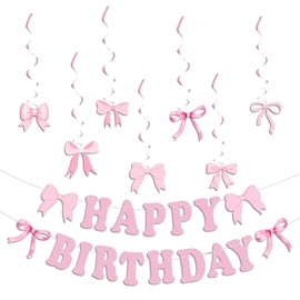 BMYUK Bow Birthday Party Decoration Pink Banner Parties Hanging Swirls for Baby shower Girls Woman Coquette Celebrations and Events