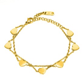 Kim Johanson Women's Stainless Steel Heart Anklet in Silver, Gold and Rose Gold | Anklet with 7 Hearts | Boho Jewellery | Adjustable with Jewellery Bag, Stainless Steel