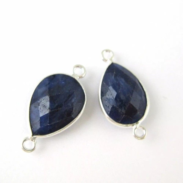 Bead Union Bezel Gem Links-Sterling Silver-Faceted Teardrop Shape-Blue Sapphire Dyed