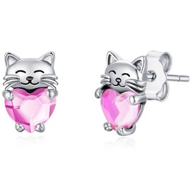 Cat Earrings in Silver 925 Stud Earrings with Birthstone, Girls’ Cat Stud Crystal Jewellery, Cats Gifts for Children, Women, Silver