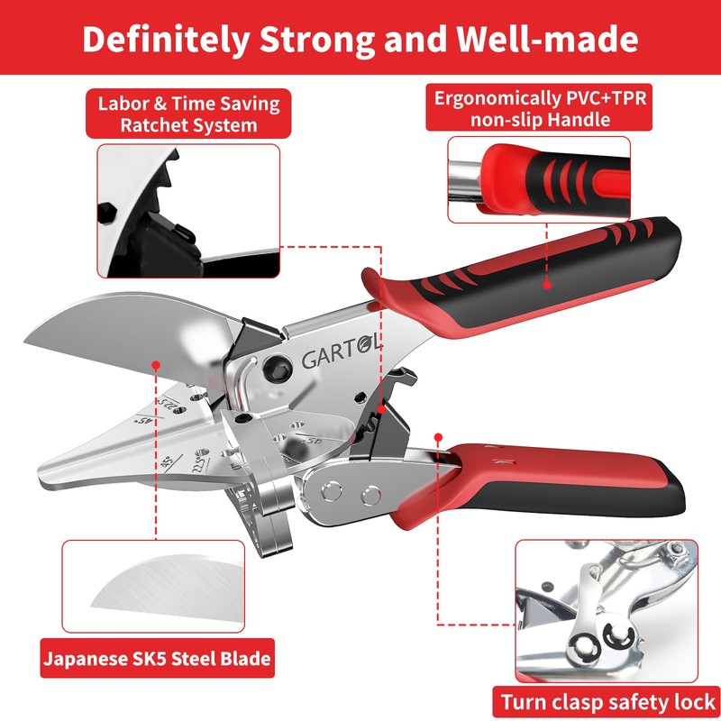GARTOL Ratchet Miter Shears 22.5°–135° Adjustable; Precision Angle Cutter with