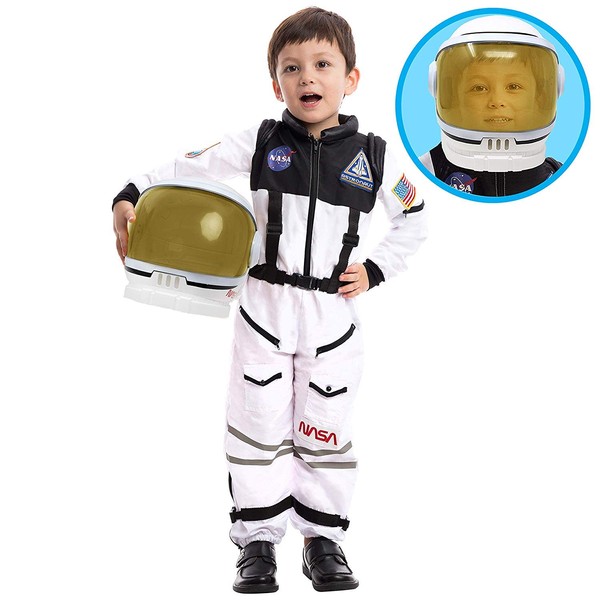 Spooktacular Creations Astronaut Costume with Helmet for Kids, Space Suit, Space Jumpsuit for Halloween Boys Girls Pretend Role Play Dress Up (White)-3T