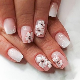 Short Press on Nails Square False Nails White Gradient Nails Press ons Glossy Acrylic Nails with Flower Dots Designs Square Glue on Nails Artificial Fake Nails for Girl Manicure Art 24Pcs