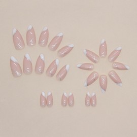 JUSTOTRY 24 Pcs Swirl Almond Short False Nails Pattern,White Stiletto Press on Nails,Glossy Fake Nails Medium for Nails Art,French Oval Stick on Nails for Women and Teens Gifts