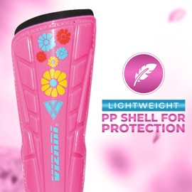 Vizari Blossom Kids Soccer Shin Guards for Girls - Pink/Blue, XXS | Dual-Layered Protection & Ventilated Football Shin Pads with Ankle Protection | Stylish Design Ankle Guard with Adjustable Fit