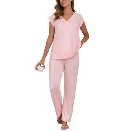 Famulily Ladies Cute Summer Pyjamas Set Pleated Tshirt and Loose Pants Casual Cotton Pjs Nightwear Pink L