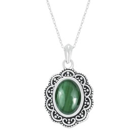 Natural Malachite Pendant 925 Silver Overlay Pendant 10x14mm Oval Shape Gemstone with 18 Inches Chain Jewelry for Women