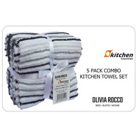 Olivia Rocco 5 Pack Striped Kitchen Tea Towels Cotton Super Absorbent Quick Drying Soft Ribbed Waffle Pot Towel, Silver