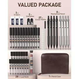 Nicpro 45PCS Black & Silver Metal Mechanical Pencil Set in Leather Case, Art Drafting Pencil 0.5, 0.7, 0.9 mm, 2mm Lead Holders for Sketching Drawing With 27 Tube (6B 4B 2B HB 2H 4H Colors)Lead Refill
