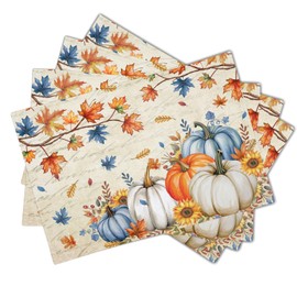 Fall Pumpkin Maple Leaf Placemats Set of 4 Vintage Rustic Autumn Thanksgiving Harvest Place Mats 12x18 Inch Seasonal Washable Table Mats for Party Kitchen Dining Decoration