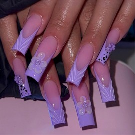 MISUD Press on Nails - Long Square Glue on Nails with Purple French Tip, Acrylic Handmade Flower Design 24 pcs