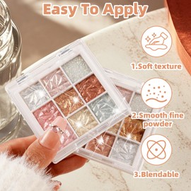 Glitter Eyeshadow Palette, 9 Colours Waterproof Glitter Eyeshadow White Silver Pink Brown Gold Sparkly Eye Make Up Palettes Eye Shadow Pallets for Women, Natural Highly Pigmented Shimmer Eyeshadow