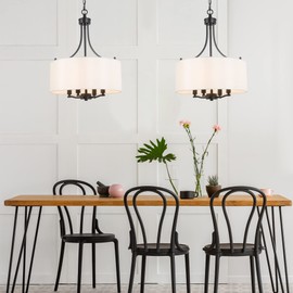 LALUZ Drum Lighting Chandelier, Farmhouse Chandeliers for Dining Room, Kitchen Island, Linen Fabric Shade, 16'' Dia