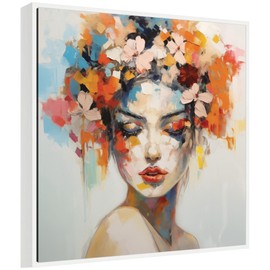 Kate and Laurel Female Figure Colorful Flowers In Hair Framed Canvas Wall Art by The Creative Bunch Studio 30 x 30 Sylvie White, Modern, Abstract, Flowers, People Art for Wall Decor, Living Room,
