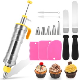 Icing Decoration Gun Set, Stainless Steel Dessert Decorating Syringe Set, Cupcake Frosting Filling Injector with 6 Icing Nozzles, 3 Cream Scraper, 2 Offset Spatula, 2 Nozzle Brush for Kitchen Baking