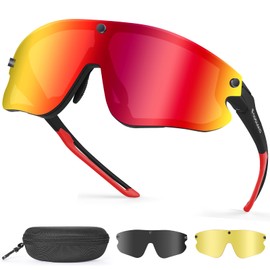 Odoland Polarized Magnetic Sports Sunglasses, Black Frame Plated Red Lense, Replaceable Grey Lense and Night Vision Lense for Men Women Adult for Riding Driving Fishing