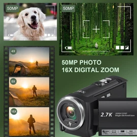Video Camera Camcorder, 2.7K 50MP Digital Camera Recorder 16X Digital Zoom 270 Degree Rotation LCD Vlogging Camera Support Up to 128GB (64GB)