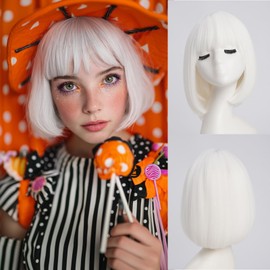 YaissmyLu Short White Bob Wig with Bangs Silver White Straight Bob Wigs for Women Natural Looking Synthetic Hair Heat Resistant Fiber Colorful Wig for Costume Cosplay Party (10 inch)