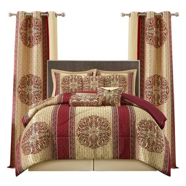 LANCO MODERN LIFESTYLE California King Comforter Set, Wine Gold Medallion Jacquard Design, Luxurious Bohemian 9 Pieces Bedding Set with Curtains, Decorative Pillows and Bed Skirt