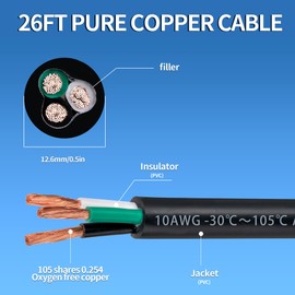 10 Gauge 3 Conductor Electrical Wire 10 AWG 3 Wire Oxygen-Free Copper PVC Stranded 26FT 10/3 Wire for LED Lighting Outdoor Low Voltage Extension Cable (10AWG-3C, 26FT)