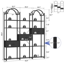 Nosepen 83.5" Tall Arched Bookshelf with 3 Drawers and 13 Storage Shelves, Industrial Open Book Shelf with Display Shelves, Large Etagere Bookshelf, Triple Wide Book Case for Home & Office, Black