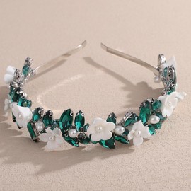 Lenjicons Dainty Rhinestone Flower Hair Tiara Pearls Rhinestone Hair Crown Elegant Flower Crystal Headband Bridal Hair Accessories for Women (peacock green)