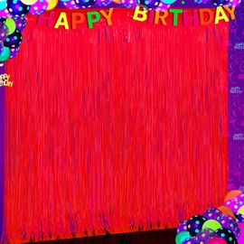 Glow in The Dark Party Supplies 2 Pack Neon Party Decorations Fluorescent Tinsel Foil Fringe Curtains Photo Booth Prop Backdrop Streamer Blacklight Decorations (Neon Red)