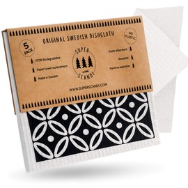 SUPERSCANDI Artdeco White on Black 5 Pack (3 Patterned, 2 White) Swedish Dishcloths Eco Friendly Reusable Sustainable Biodegradable Cellulose Sponge Cleaning Cloths Paper Towel Replacement Washcloths