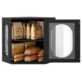 Alpeir Corner Bread Box for Kitchen Countertop Large Bread Storage Container Double Layer Wooden Breadbox Homemade Bread Loaf Bin Farmhouse Coffee Bar Pantry Shelf with Acrylic Window, Black