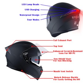 1Storm Motorcycle Street Bike Dual Visor/Sun Visor Full Face Helmet Mechanic with LED Tail Light: Matt Black