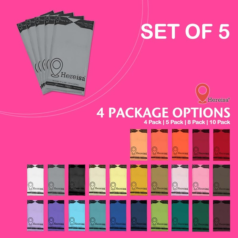 Hereisa Disposable Plastic Tablecloth Silver 54x108 Inch, 5-Pack Waterproof Rectangular