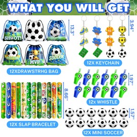 FINDRICH 60PCS Soccer Party Favors, Soccer Goodie Bags for Boys Include 13 x 11 Inch Drawstring Bags Slap Bracelets Keychains Whistles Mini Balls for Birthday Party Decorations Supplies