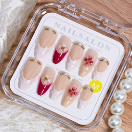 Handmade Press on Nails Medium Almond Flower Fake Nails Pink White French Tip False Nails with 3D Ripple Gold Gems Designs Full Cover Artificial Glue on Nails Summer Stick on Nails for Women DIY 10Pcs