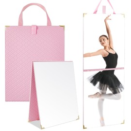 Chunful Frameless Travel Hanging Mirror Leather Foldable Full Length Backstage Makeup Mirror with Handle for Travel Dance Competition Home Fitness Gift(Pink,33.07 x 12.99 Inches)