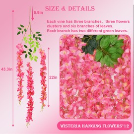 jabeick 12 PCS Wisteria Hanging Flowers, 3.6ft Fake Wisteria Vines Artificial Wisteria Garland Silk Flower String for Wedding Arch Garden Party Home Ceiling Wall Backdrop Tent Decoration (Pink)