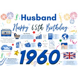 65th Birthday Card For Husband, Birthday Card For Him, Happy 65 Greetings Card Born In 1960 Facts Milestone