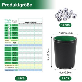 Kniffel Cup Set Including 10 Dice and 100 Kniffel Blocks, Dice Cup Set Made of PU Leather, 2 Dice Cups Ideal for Family Evenings Yahtzee and Parties