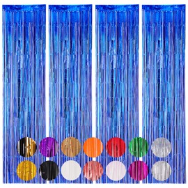 Voircoloria 4 Pack Blue Foil Fringe Backdrop Curtains, Tinsel Streamers Birthday Party Decorations, Fringe Backdrop for Graduation, Baby Shower, Gender Reveal, Disco Party
