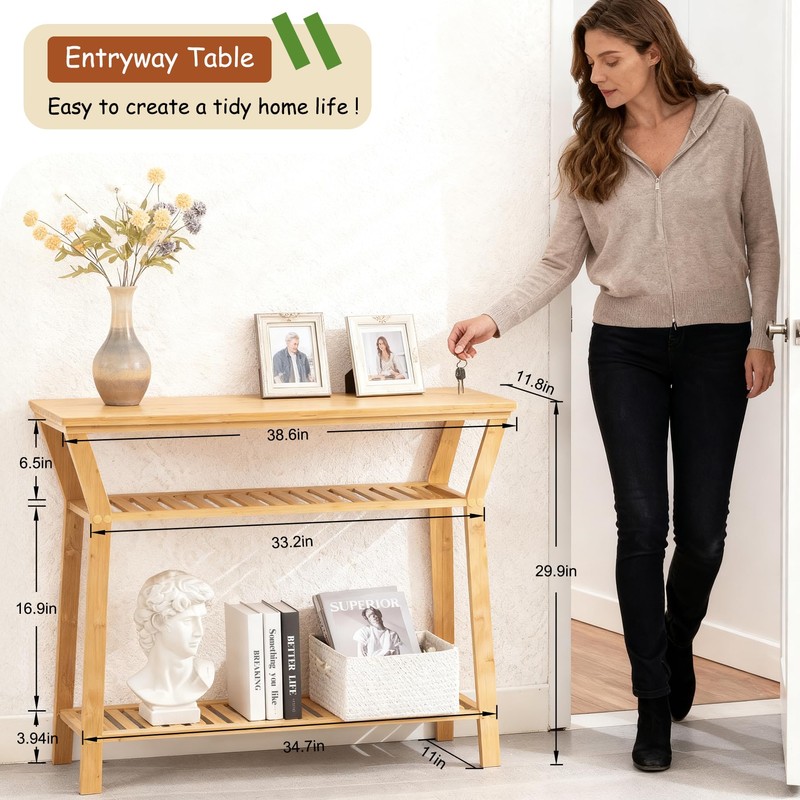 Nnewvante 38.6" Console Table, Bamboo Entryway Table with 3-Tier Storage