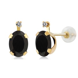 Gem Stone King 14K Yellow Gold Black Onyx and White Diamond Earrings For Women (1.37 Cttw, Gemstone December Birthstone, Oval 7X5MM)