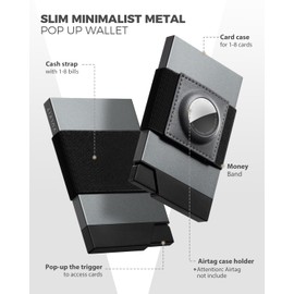 VULKIT Minimalist Wallet with AirTag Holder, Slim Metal Pop Up Card Holder with Money Band and RFID Blocking, Holds 12 Cards and Cash for Men and Women, Space Grey