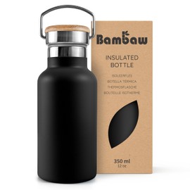 Bambaw Thermo Water Bottle 12 oz, Black Water Bottle, Insulated Water Bottle, Small Metal Water Bottle Stainless Steel, Wide Mouth, Leakproof, Cold & Hot Water Bottle – Jet Black