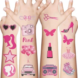 Pink Girl Temporary Tattoos for Teens - 10 Sheets Birthday Party Favors Decorations Supplies Cute Y2k Metallic Iridescent Flash Cartoon Fake Tattoo Stickers for Teens Rewards Gifts (Pink)
