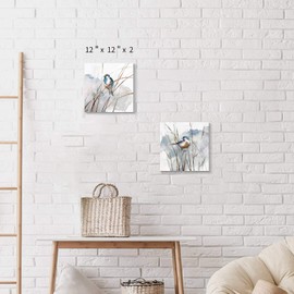 Abstract Picture Bird Wall Art: Animal Birds on Reed Watercolor Artwork Prints on Canvas for Bedroom ( 12” x 12” x 2 Panels )