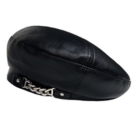 White Fang CZ336 Beret Leather Chain, Simple, Rock Hat, For Going out, Stylish, Elegant, Women's, Black