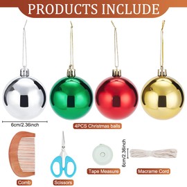FREEBLOSS 4 Set DIY Macrame Christmas Ball Kit Macrame Christmas Ornaments Macrame Kit with Instructions for Beginners Macrame Hanging for Christmas Home Decor
